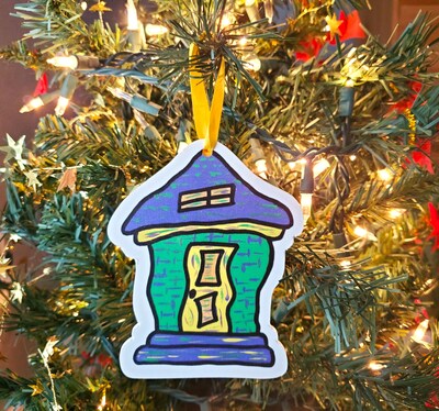 Mardi Gras Tree Ornament, Holiday House Made From Original Painted Artwork,  4 x 5, New Orleans Shotgun House, Teacher Gift, 1 or 2 sided